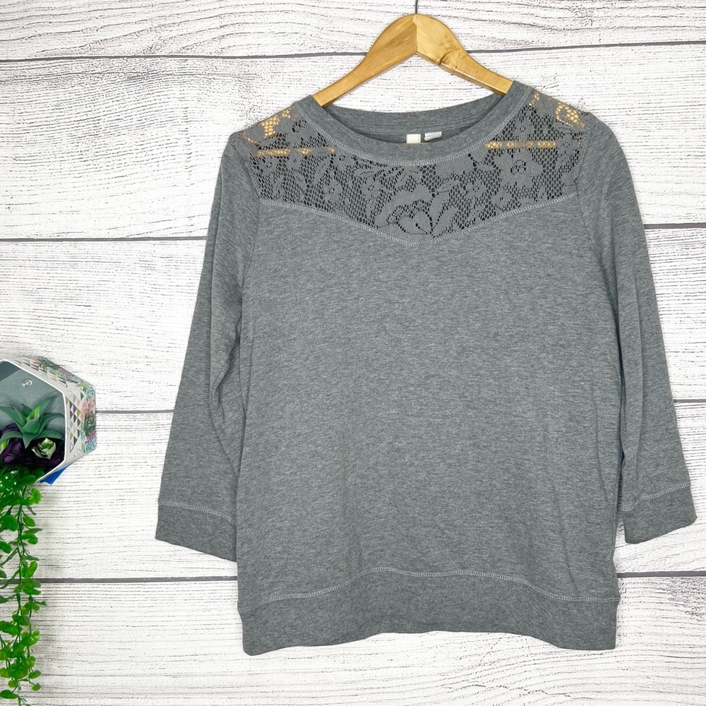 Route 66 Heather Gray Sheer Lace Detail 3/4 Sleeve Sweater Top Size Large